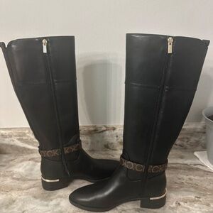 Calvin Klein Black Heeled Boots with Brown Trim